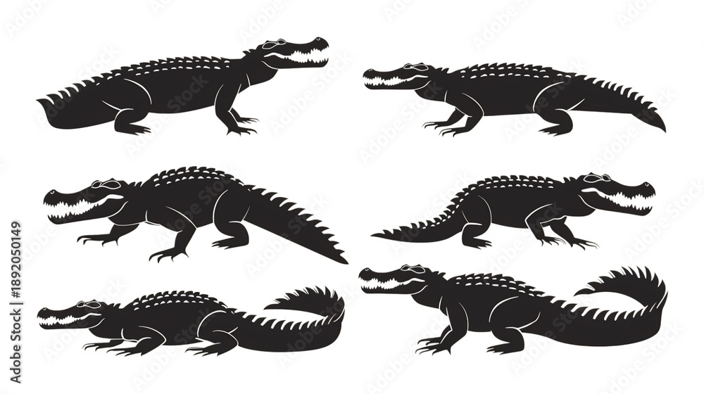 Fototapeta premium Set of diverse alligator silhouettes in various poses against a clean white background