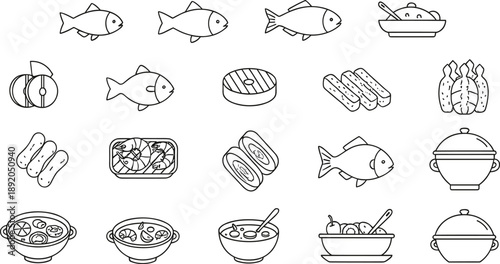 Seafood and Fish Cooking Outline Icon Set Showing Dishes, Ingredients, and Meals for Restaurant Menus, Recipes, and Food Design