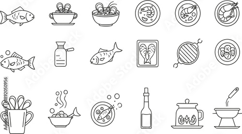 Seafood and Fish Line Icon Vector Set Featuring Dishes, Ingredients, Cooking Utensils, and Restaurant Food Symbols for Menu, App, and UI Design
