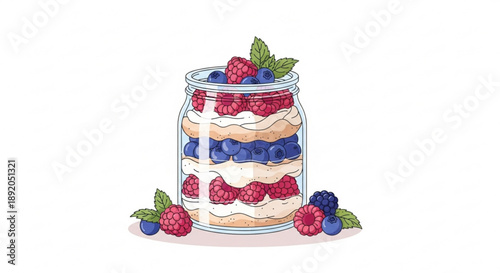 Delicious layered dessert in a jar with fresh raspberries blueberries and cream on a white background for food blogs or recipes