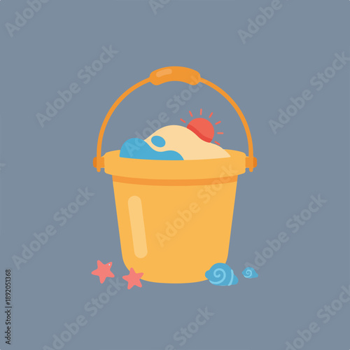 A cheerful vector illustration of a yellow sand bucket filled with sand, a red sun, and a blue wave, accompanied by starfish and spiral shells, representing beach play.
