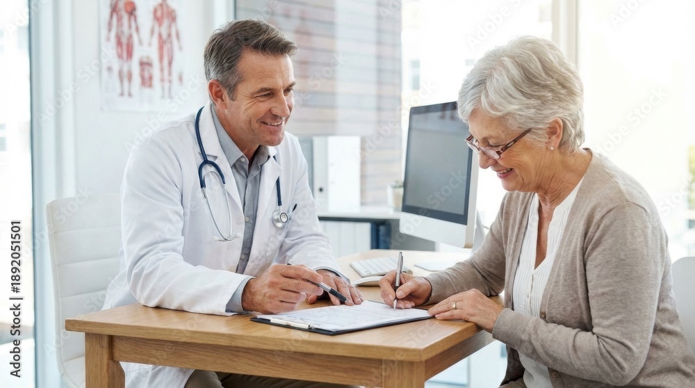 Fototapeta premium Mature male physician in a white lab coat watches an elderly female patient sign medical paperwork during a consultation in a bright clinic.