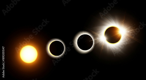 Solar eclipse phases sun with corona and moon shadows in space