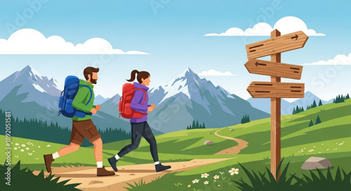 Couple hiking together on scenic mountain trail with wooden signpost
