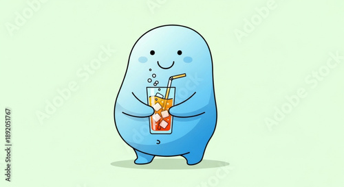 Blue cartoon character happily drinking juice with straw on light green background