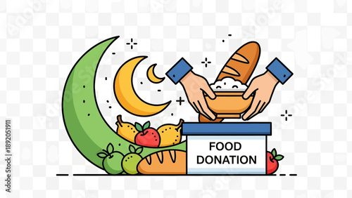 Hands donating food with crescent moon.