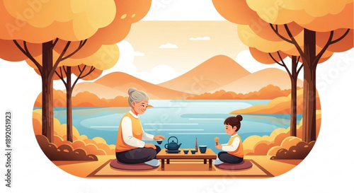 Elderly woman and young girl sharing tea by serene lake with mountains in warm autumnal setting
