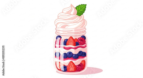 Delicious layered dessert with strawberries blueberries and whipped cream in a tall glass cup with a mint leaf on top perfect for sweet