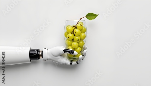 A robot hand holding a bunch of lemons in front of it, with the lemons seemingly being picked by the robotic appendage against a white background.