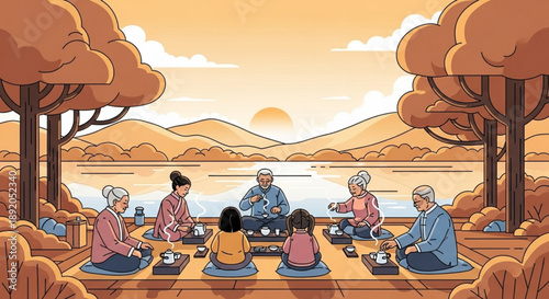 Family enjoying traditional tea ceremony outdoors at sunset with serene lake and mountain backdrop