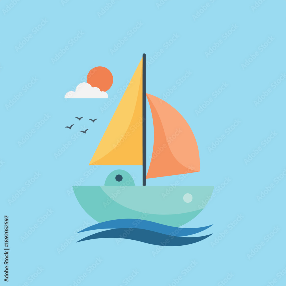 Fototapeta premium A minimalist vector illustration shows a colorful sailboat cruising on blue waves under a sky with a sun, cloud, and birds.