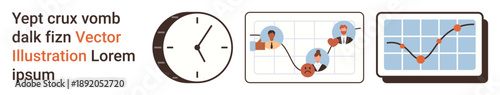Data visualization, workflow planning, time management, business analytics, productivity, corporate strategies. Clock, user icons connected graph lines and performance charts. Data visualization