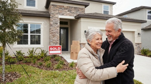 Smiling mature couple embracing outside their modern suburban house with a red 'SOLD' sign planted in the landscaped yard.