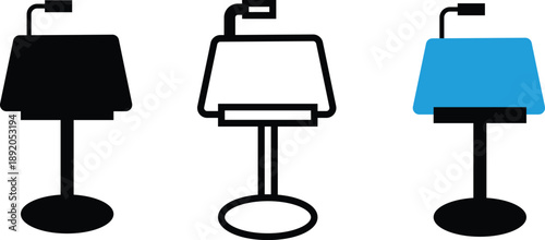 Keynote presentation icon. Keynote speech podium and microphone sign. Presentation stage with rostrum and microphone symbol. flat style.