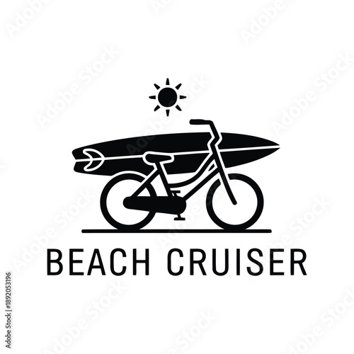 Beach cruiser bicycle with surfboard and sun icon vector illustration for summer design