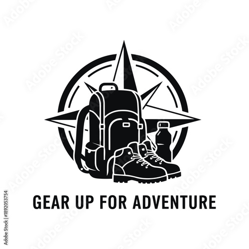 Adventure gear vector illustration with backpack, hiking boots, water bottle and compass icon