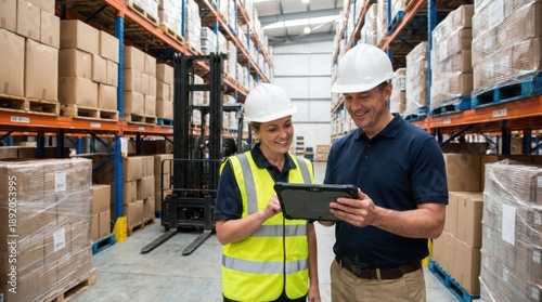 Smiling man and woman wearing white safety hard hats reviewing logistics data on a digital tablet in a busy storage warehouse aisle.