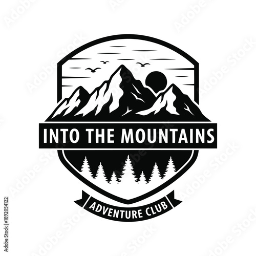 Mountain adventure club badge vector, black and white outdoor emblem for hiking and camping