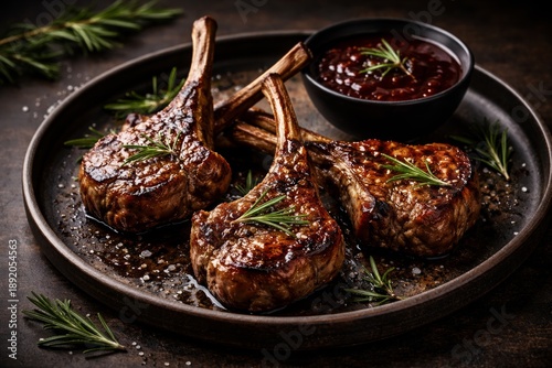 Hearty grilled lamb chops garnished with fresh rosemary and served with rich sauce on a rustic pan, ideal for steakhouse menus, recipe blogs, and comfort food advertising.
