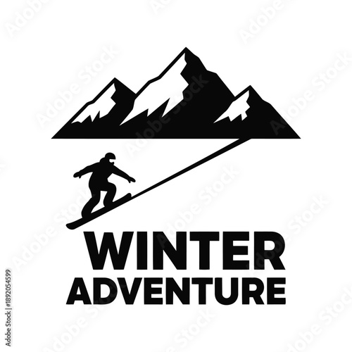Winter adventure vector with snowboarder and mountain silhouette for outdoor sports logo design