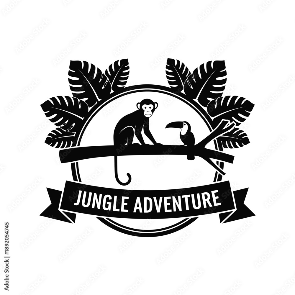 Fototapeta premium Jungle Adventure Badge Vector with Monkey, Toucan, Leaves and Banner in Black Silhouette Style