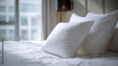 Placing White Linen Pillow on Luxury Hotel Bed / 高級ホテルのベッドに置かれる白いリネンの枕2