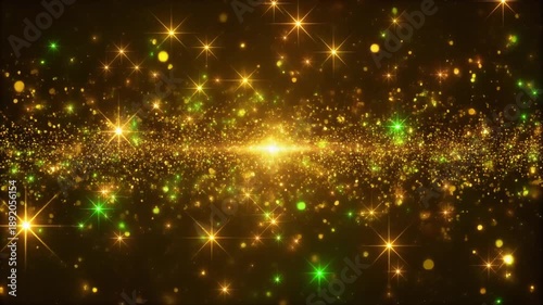 Glittering gold and green starburst lights on a dark background for festive or celebratory designs