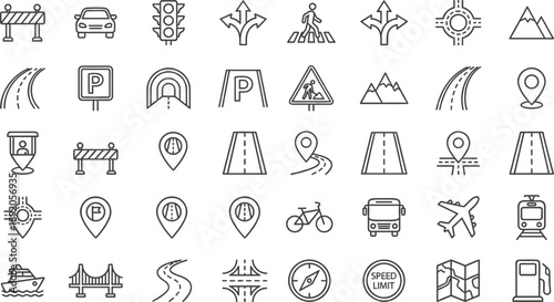Navigation and transportation outline icon set featuring road signs, map pins, traffic symbols, vehicles, routes, parking, direction arrows, travel landmarks, minimal line vector collection