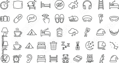 Sleep and bedtime outline icon set featuring alarm clock, bed, pillow, mask, moon, headphones, slippers, lamp, camping, dreams, minimal line vector for UI, apps, branding