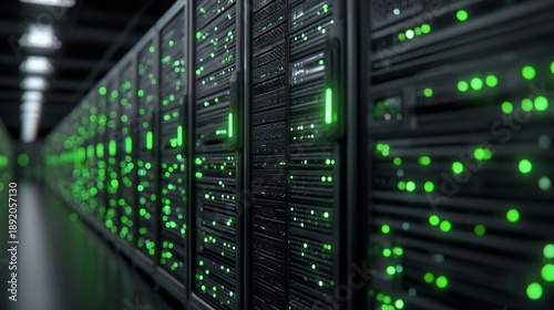 Server Racks with Blinking Green Lights in Data Center / データセンターで点滅する緑のライトのサーバーラック4