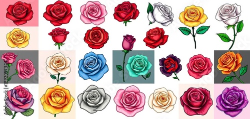 A diverse collection of rose icons in various styles, including line art, solid color, and watercolor effects, botanical, pattern