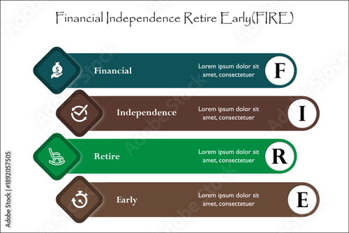 FIRE - Financial Independence Retire Early. Infographic template with icons and description placeholder