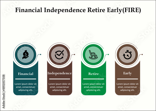 FIRE - Financial Independence Retire Early. Infographic template with icons and description placeholder