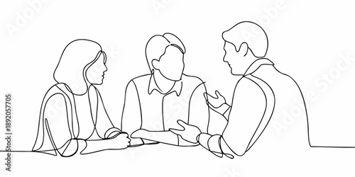 A continuous line drawing depicts three people in conversation