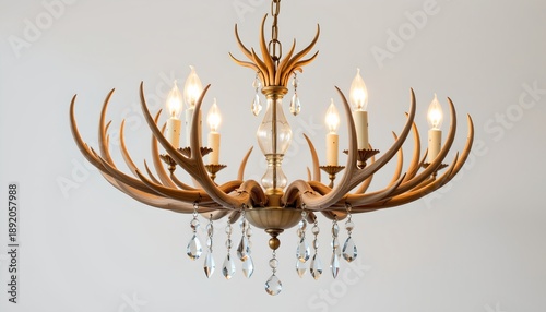 Wallpaper Mural A chandelier with multiple arms and antler like designs hangs against a white wall. The chandelier is large and intricate, featuring deer antlers as part of its design Torontodigital.ca