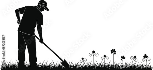 Gardening silhouette, person with shovel, flower design, outdoor work, nature care, decorative plants, soil digging, flavector
