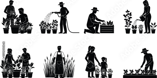 Gardening silhouette, planting, watering, harvesting, teamwork, child gardener, potted plants, sustainable care, outdoor activity, garden tools, flavector
