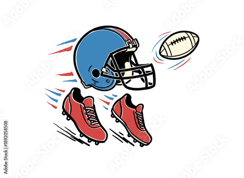 American football design artwork. Helmet ball and cleats illustration. Sport champion league graphic. Athletic equipment vintage design. Touchdown fas
