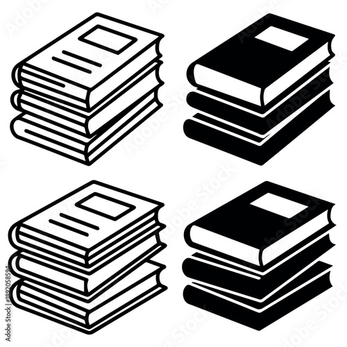 A vector graphic illustration of four stacks of books in a simple line art style on a white background