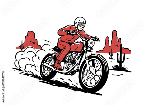 Desert road motorcycle racing artwork. Vintage bike rider graphic print design. American desert landscape illustration. Off road adventure t-shirt gra