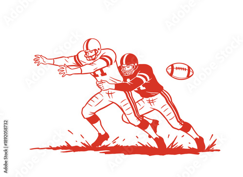 American football action artwork. Vintage sports graphic print. Player tackling opponent design. Game day championship illustration. Football artwork