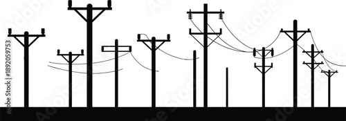 A collection of diverse black silhouette utility poles with varying wire configurations and insulators against a white backdrop
