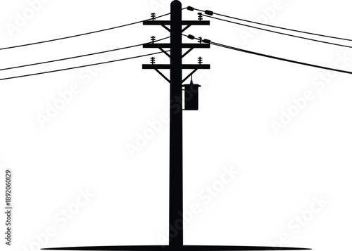 Silhouette of a single utility pole with transformer and overhead power lines against a white background