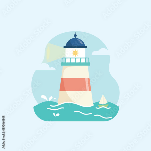 A charming cartoon lighthouse with a shining light stands in blue waters beside a small sailboat, under a clear sky.