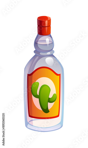Cartoon Mexican tequila bottle alcohol beverage with red cap and golden label with green cactus. Transparent bottle of tequila isolated on white. Vector alcohol drink for restaurant and party menu