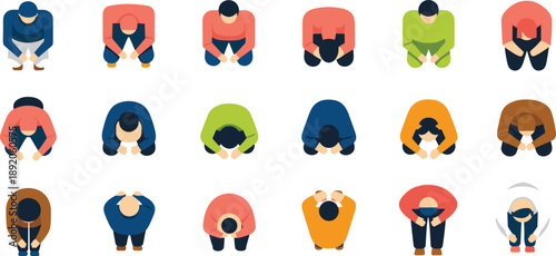 Top view bowing people, stylized respect gesture, prayer pose illustration, cultural diversity, meditation posture, colorful outfit character grid
