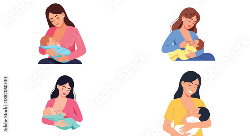 Mothers breastfeeding babies in various poses