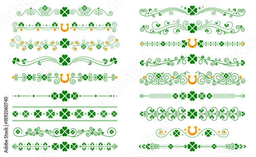 St Patrick day green shamrock clover dividers and borders for Irish festival celebration. Vector set of decorative lucky charms and trims with shamrock leaves, swirls, horseshoes and clover frames