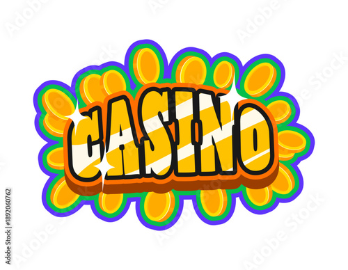 Casino western and Wild West Y2K groovy sticker or retro print. Wild West cowboy Y2K vector sticker, Texas ranch and rodeo tag. American history label with casino jackpot golden coins and typography