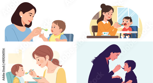 Mothers feeding babies with spoons